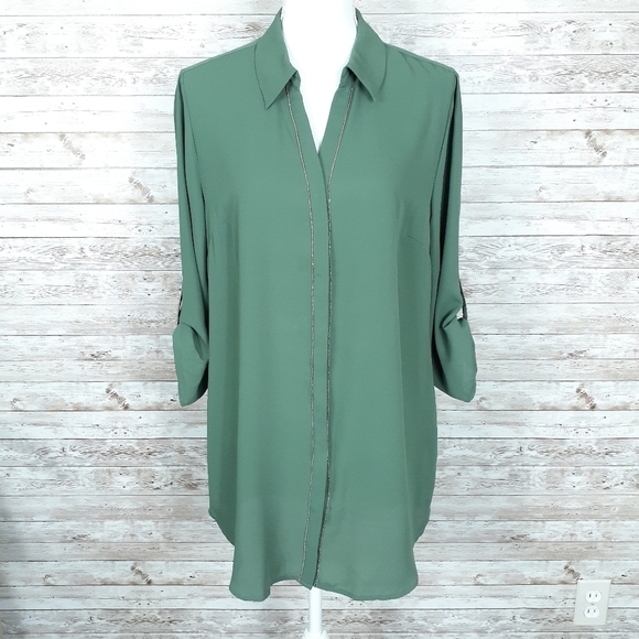 JM Collection Tops - JM Collection Blouse Green Gold Trim Button Up 577